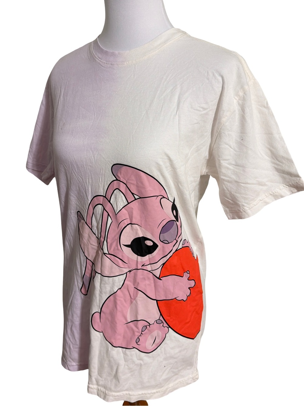Disney White Tee with Pink Stitch Holding Red Heart